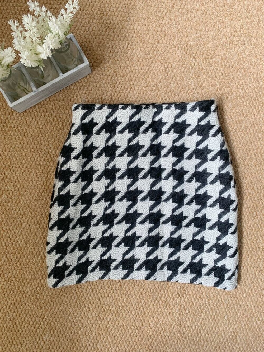 H&M Houndstooth Tweed Mini Skirt XS Black White